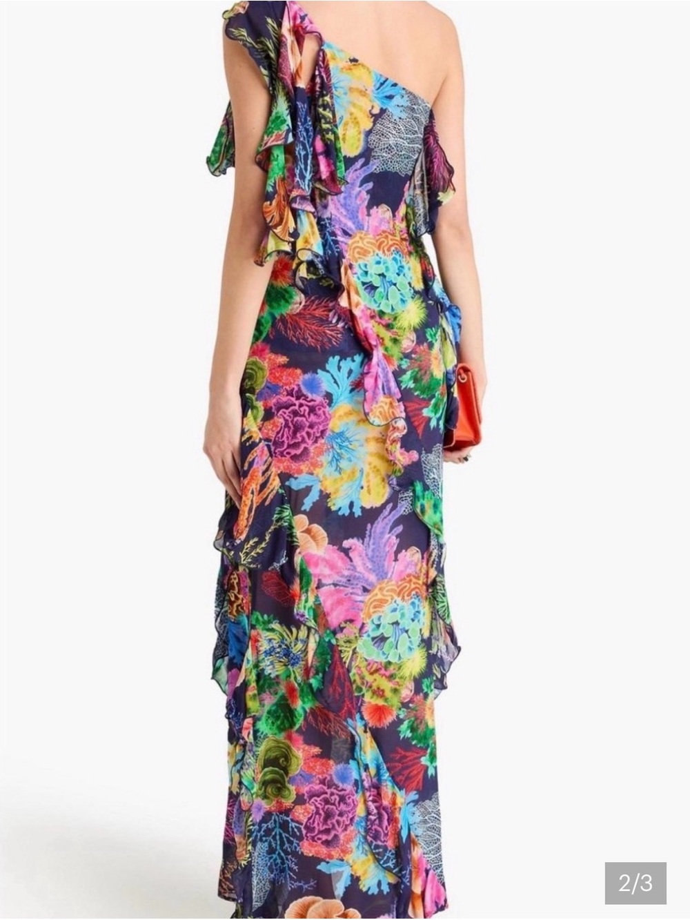 Farm Rio One-Shoulder Navy Coral Garden Ruffle Maxi Dress - Picture 2 of 4